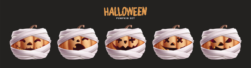 Halloween pumpkins set vector design. Lantern pumpkins white mummy characters with cute facial expressios like funny, spooky and scary in black isolated background. Vector illustration creepy squash 