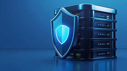 Poster - A modern server with a protective shield symbolizing data security and cybersecurity in a high-tech environment.