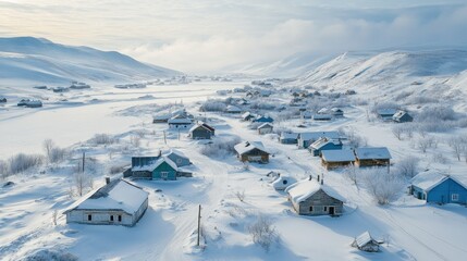 Wall Mural - An aerial view of Oymyakon snow-covered landscape, with houses nestled in the frozen valley.