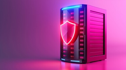 Poster - A modern server with glowing neon lights and a shield symbol, representing cybersecurity and data protection.