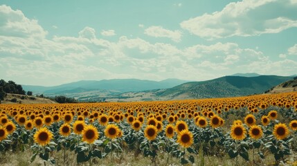 A vast field of sunflowers under a bright sky, showcasing nature's beauty and tranquility.