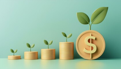 A visual representation of financial growth, featuring stacks of coins with green leaves symbolizing prosperity and sustainability.