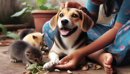 A cute, young beagle puppy with a white and brown coat, sitting and looking adorably at the camera in a studio setting