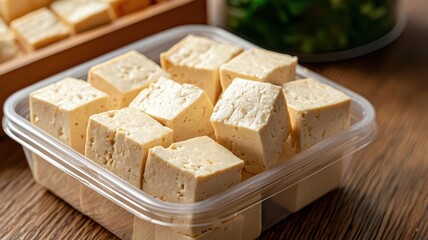 Preseasoned tofu cubes in a plastic tray with clear lid, industrial food packaging closeup