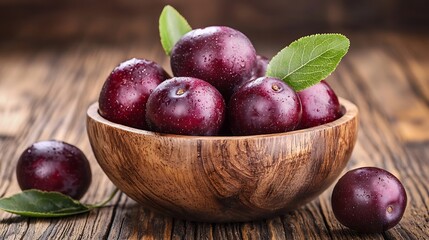 Poster - Plums in a Wooden Bowl on Wooden Table : Generative AI