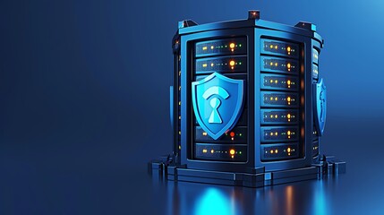 Poster - A secure server with blue shield icons, symbolizing data protection and cybersecurity in a modern digital environment.
