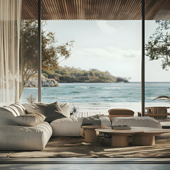 Wall Mural - Modern Living Room with Ocean View Illustration