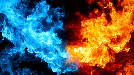 Abstract Background with Flames of Blue and Orange,  Representing Fire and Ice, Cold and Hot, Opposing Forces, Dynamic and Contrasting Colors, Burning Flames with Smoke