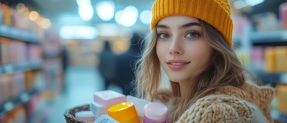 Canvas Print - Young woman in a yellow beanie smiles while shopping in a supermarket.