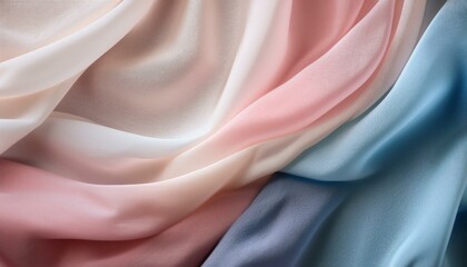 Wall Mural - Close-up of soft pastel-colored fabric in shades of pink, blue, and cream, featuring a flowing, delicate texture that conveys elegance and calm.