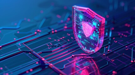 Poster - Abstract digital shield symbolizing cybersecurity and data protection on a vibrant electronic circuit background.
