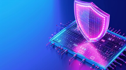 Poster - Abstract representation of cybersecurity with a glowing shield over a circuit board, embodying digital protection and innovation.