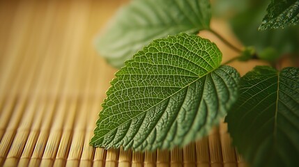Poster - Fresh Green Leaves on a Bamboo Mat : Generative AI