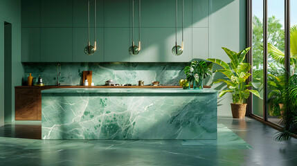 Poster - Green Modern kitchen with soft green walls, and a sleek green marble island. green-accented pendant lights, and lush greenery for a cohesive