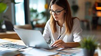 A lady investigating and calculating expenses online