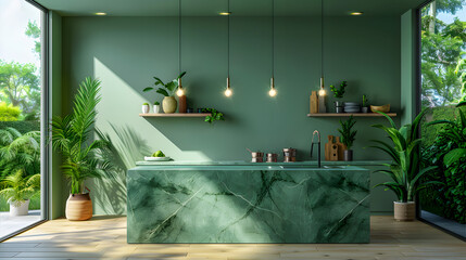 Canvas Print - Green Modern kitchen with soft green walls, and a sleek green marble island. green-accented pendant lights, and lush greenery for a cohesive