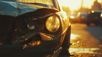 Aftermath of a car accident, showing a dented fender and shattered headlight, with the golden glow of a sunset casting long shadows over the wreckage.