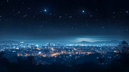 Canvas Print - a view of a city at night with the stars in the sky and the city lights in the foreground. 