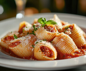 Wall Mural - A plate of stuffed pasta shells with red sauce. AI generative