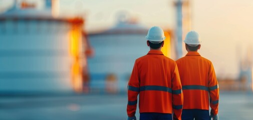 Two workers in safety gear observe a large industrial facility, reflecting teamwork and diligence in a vibrant sunset.