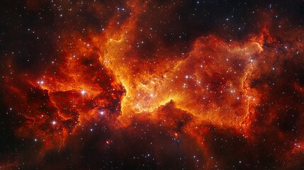 Fiery red and orange space nebula swirling around star clusters, with vibrant gas clouds creating a striking cosmic effect