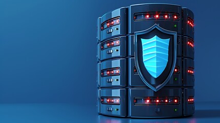 Poster - Digital server with a security shield, representing data protection and cybersecurity technology in a modern setup.