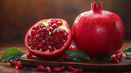 Wall Mural - A whole pomegranate and a halved pomegranate with red arils on a wooden board with green leaves and scattered seeds.