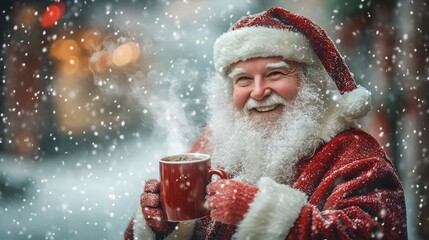 38. Santa smiling while holding a steaming mug of cocoa snow softly falling outside a warm festive scene