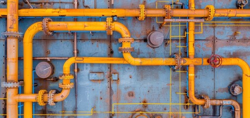 Aufkleber - A vibrant industrial scene showcasing yellow pipes and valves against a textured blue background, highlighting urban design elements.