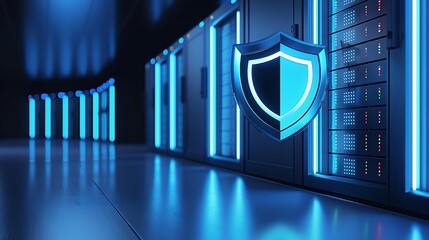 Poster - Futuristic data center with illuminated server racks and a digital shield representing cybersecurity and protection.