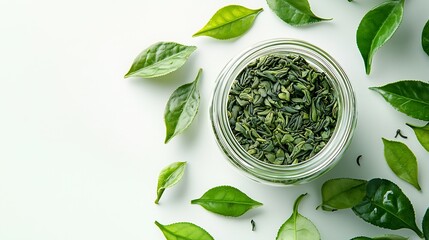 Poster - Dry Green Tea Leaves in Jar isolated on white background : Generative AI