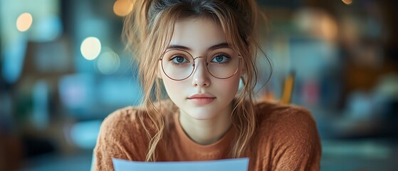 Wall Mural - Young woman with glasses looking directly at the camera.