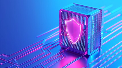 Poster - Futuristic data server with glowing shield symbol, representing cybersecurity and digital protection in vibrant blue and pink tones.