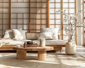 Aufkleber - A serene interior featuring minimalistic furniture, natural light, and elegant decor for a calming atmosphere.