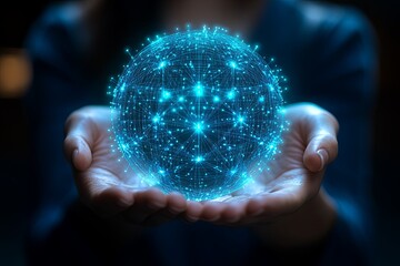 Poster - A person holds a glowing sphere of interconnected blue lines and nodes, symbolizing technology and connectivity at night. Generative AI