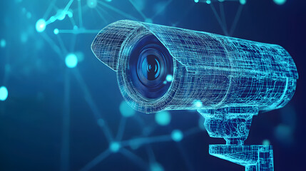 A low polygon CCTV security camera wireframe mesh displayed on a blue background.