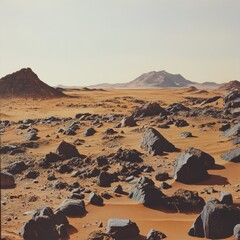 Rugged Martian landscape with sharp rocks and sandy plains stretching toward distant mountains