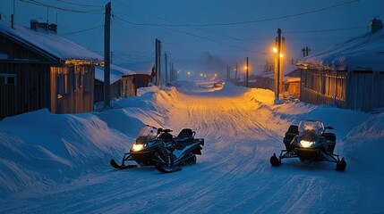 Wall Mural - Snowmobiles parked outside homes in Oymyakon, ready for use in the freezing tundra.