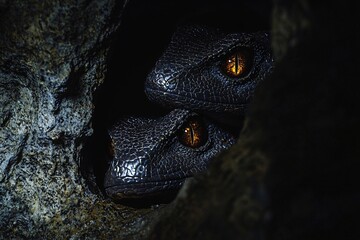 Mysterious reptilian beings materialize from the darkness of a timeless cave, their intricate patterns illuminated by hauntingly bright eyes.