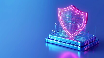 Wall Mural - Futuristic digital shield symbolizing cybersecurity in a vibrant neon design with blue background and glowing elements.