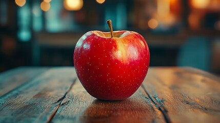 Poster - Red Natural Apple on Wooden Table : Generative AI