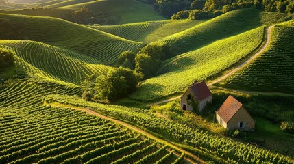 The lush green vineyards of the Haspengouw region in Belgium, famous for wine production.