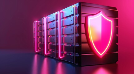 Poster - Futuristic server rack with a glowing shield symbol, representing data security and protection in digital technology.