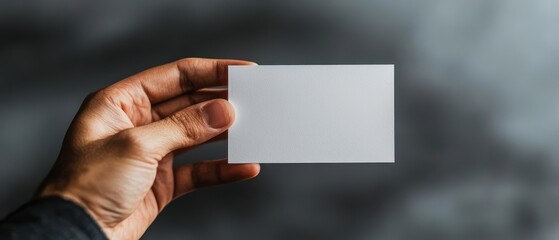 A person holding a blank business card against a blurred background, ideal for branding or identity presentations.