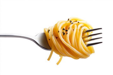 Spaghetti, noodles, and pasta on the fork, isolated on a white background.