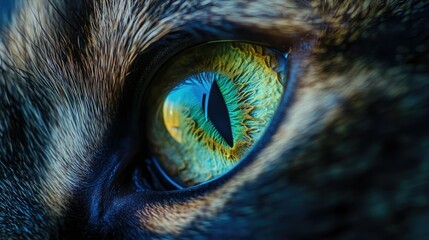 Vibrant closeup of a cat's eye, with the colors of the iris and reflections in sharp detail, capturing the feline intensity