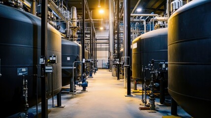 Water purification tanks in a chemical factory, surrounded by pipes and machinery, showcasing modern wastewater treatment.