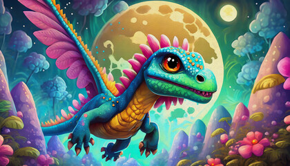 Poster -  oil painting style cartoon character illustration A feathered dinosaur flying on the air aiming something below in expected eyes., full moon