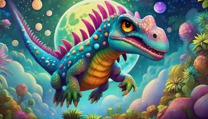 Poster -  oil painting style cartoon character illustration A feathered dinosaur flying on the air aiming something below in expected eyes., full moon