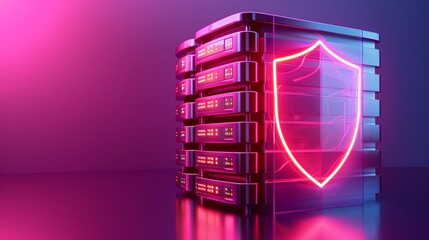 Poster - Futuristic server with neon shield symbol, representing data security and protection in a digital landscape.